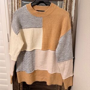 Forever 21 Patchwork Sweater - Gray, Cream, Tan